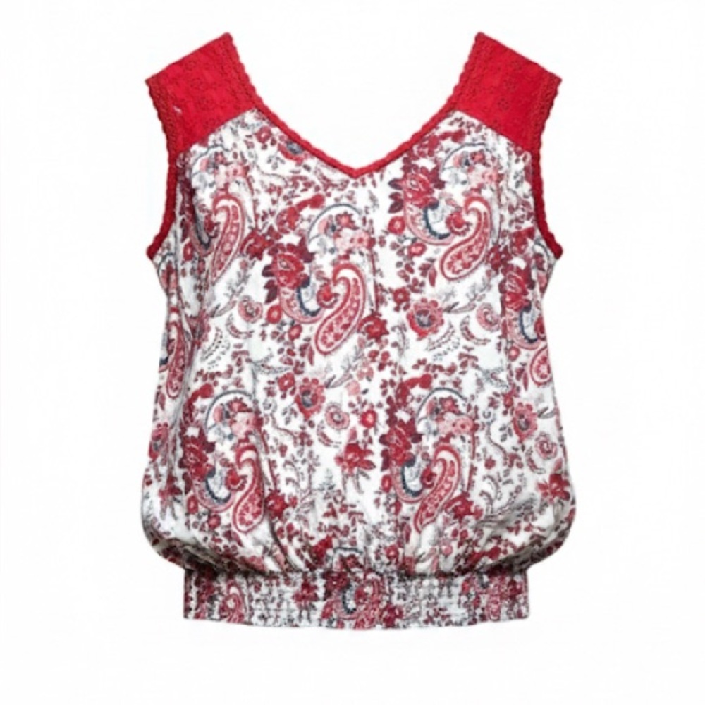 Solitaire Eyelet Shoulder Paisley Print Blouse Tank Top W/Elastic Hem Size Large